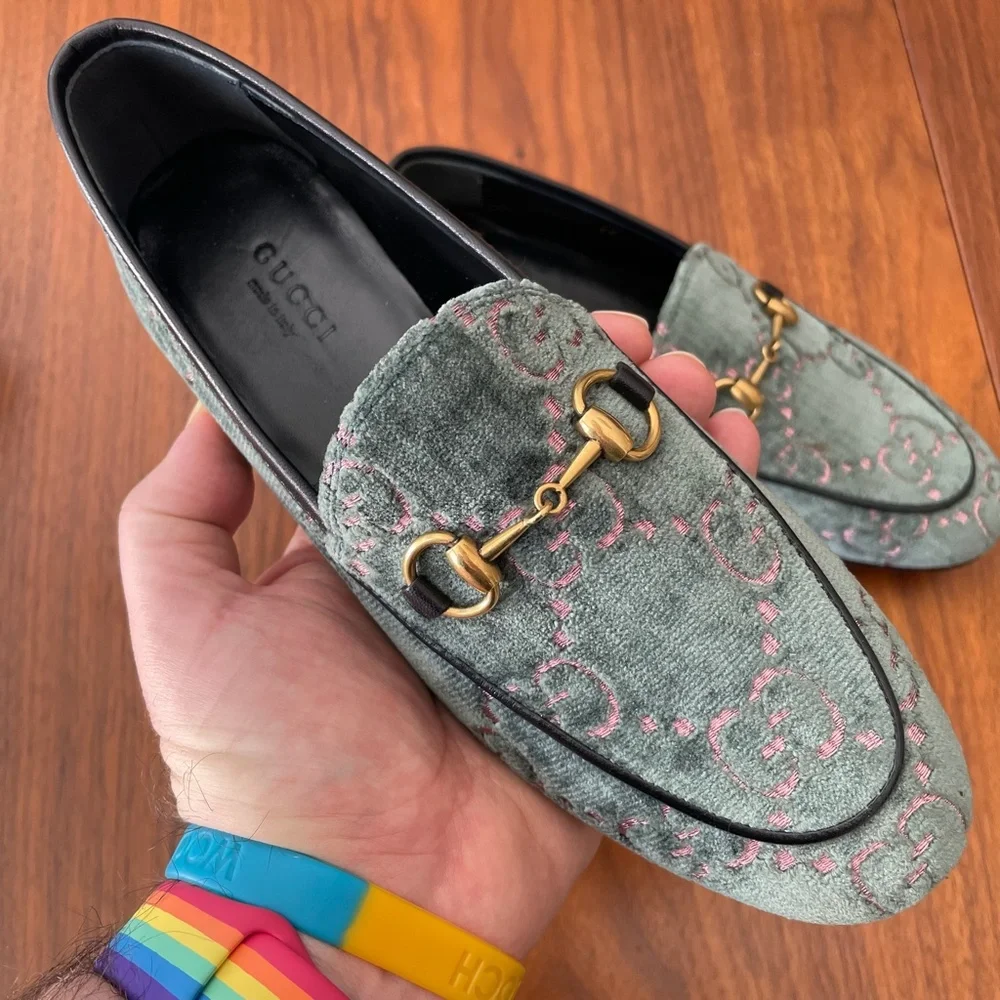 Gucci Horsebit Logo Loafers Velvet with Leather Trim Size 35 - Picture 3 of 12